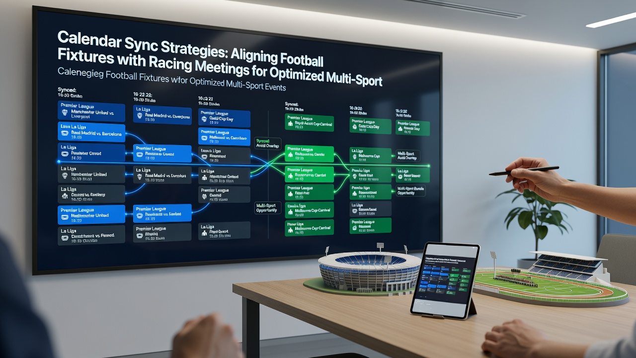 Split-screen view of a football stadium schedule next to a horse racing program with overlapping date highlights