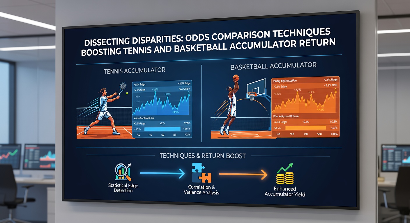 Basketball player driving to the hoop with digital overlays showing odds comparison tables for tennis matches and accumulator payouts