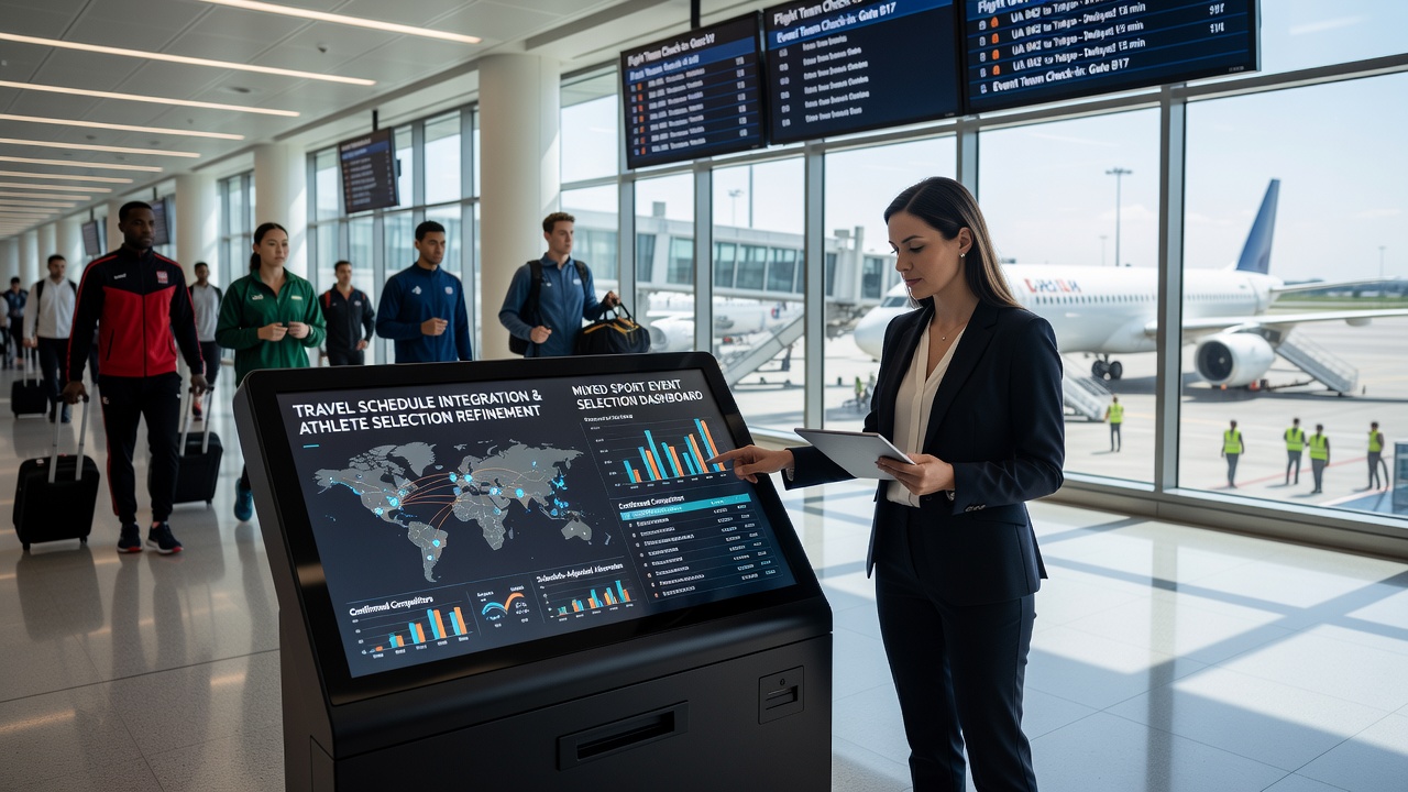 Coaches reviewing athlete recovery data linked to travel schedules ahead of mixed sport events