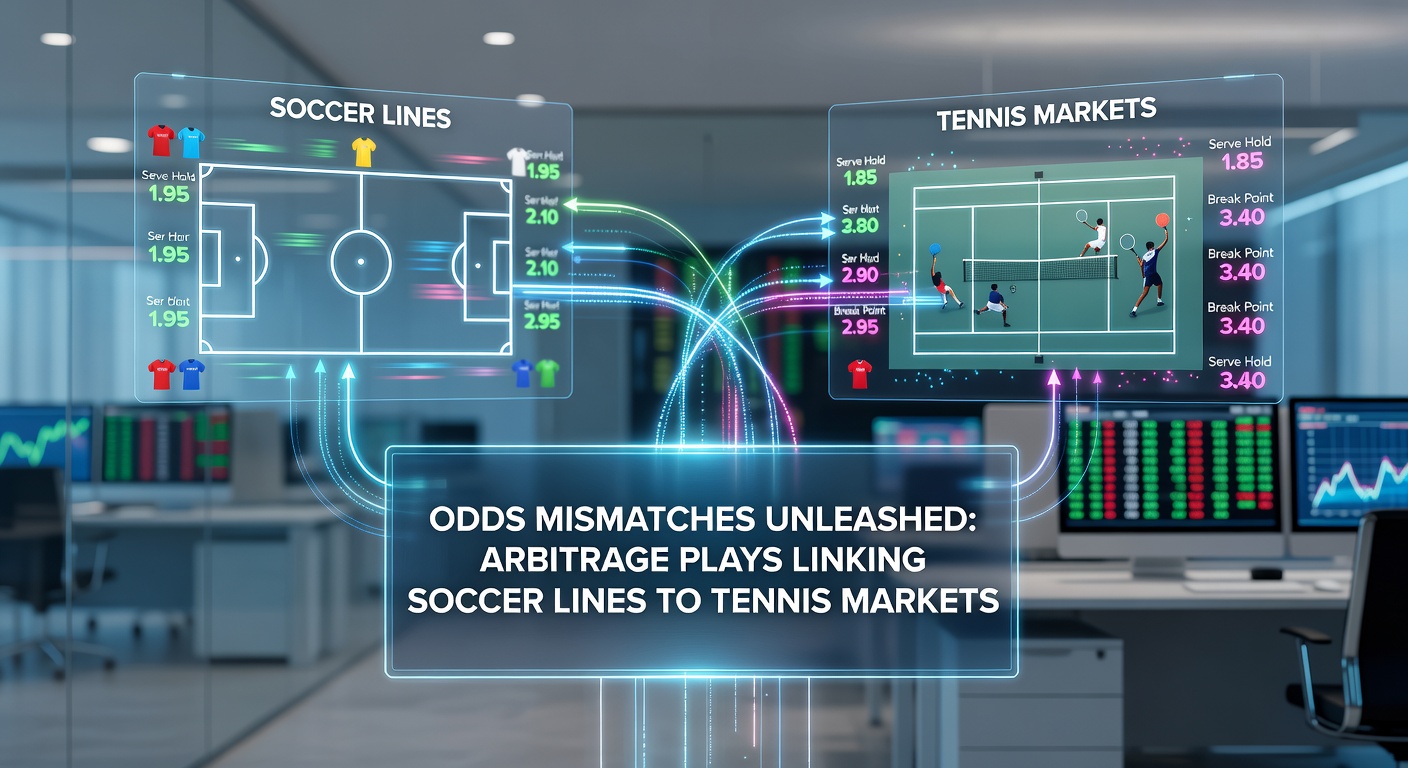 Close-up of a betting slip showing simultaneous soccer and tennis wagers, with profit calculator overlay demonstrating arbitrage yield