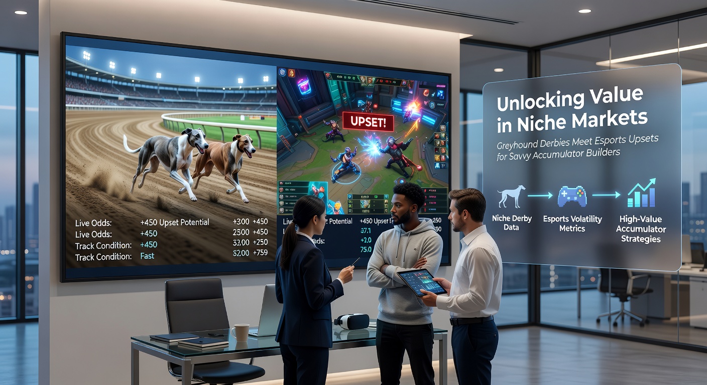 Split-image of a tense esports match on screen with a greyhound mid-race blur, highlighting the high-stakes unpredictability blending into accumulator strategies